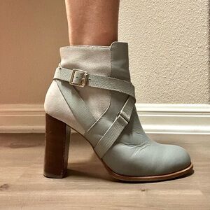 Top Shop Light Blue Leather Suede Mix Ankle Boot with Strap Detail